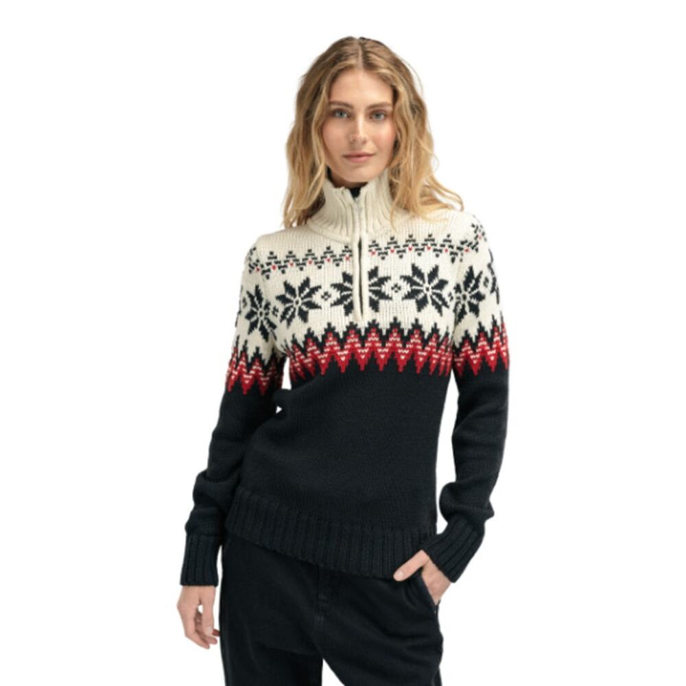 DALE OF NORWAY Women Myking 1/4 Zip Sweater Large Black Raspberry Off White NWOT